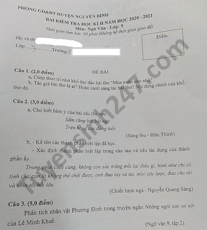 De thi hoc ki 2 nam 2021 mon Van lop 9 Huyen Nguyen Binh
