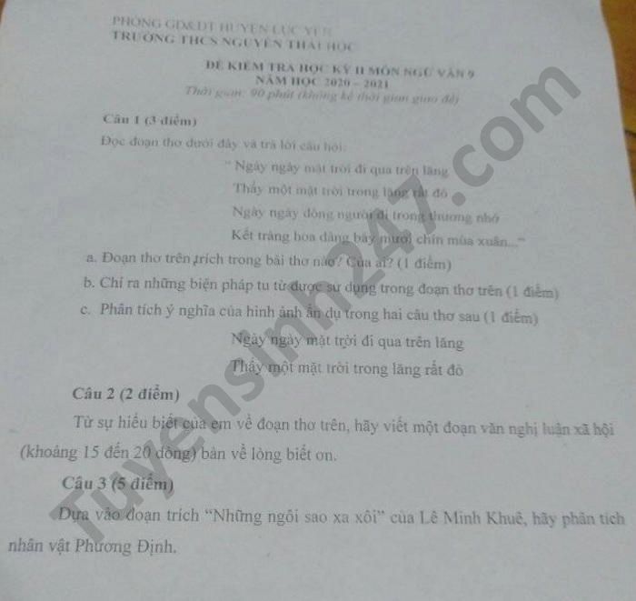 De thi hoc ki 2 nam 2021 mon Van lop 9 THCS Nguyen Thai Hoc