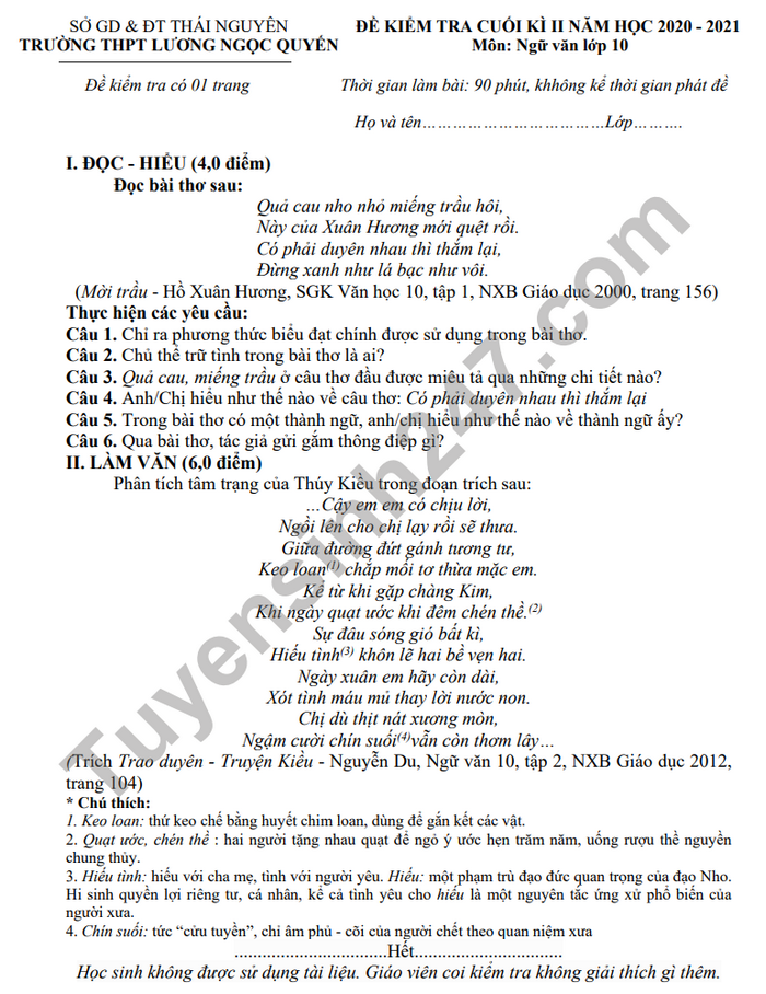 De thi hoc ki 2 nam 2021 mon Van lop 10 THPT Luong Ngoc Quyen