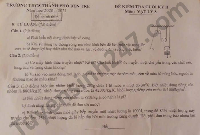 De thi hoc ki 2 mon Ly lop 8 THCS TP Ben Tre nam 2021