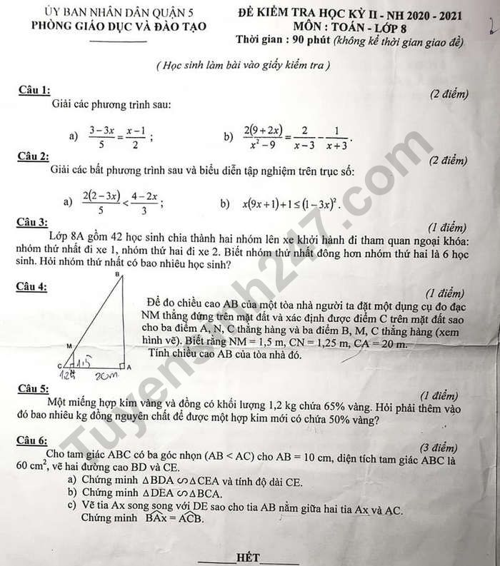 De thi ki 2 mon Toan lop 8 nam 2021 - Quan 5
