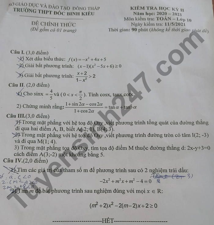 De thi hoc ki 2 mon Toan lop 10 - THPT Doc Binh Kieu 2021