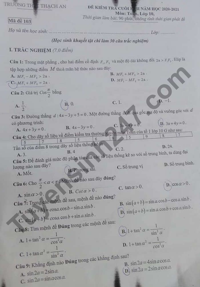 De thi ki 2 lop 10 mon Toan 2021 - THCS Thach An