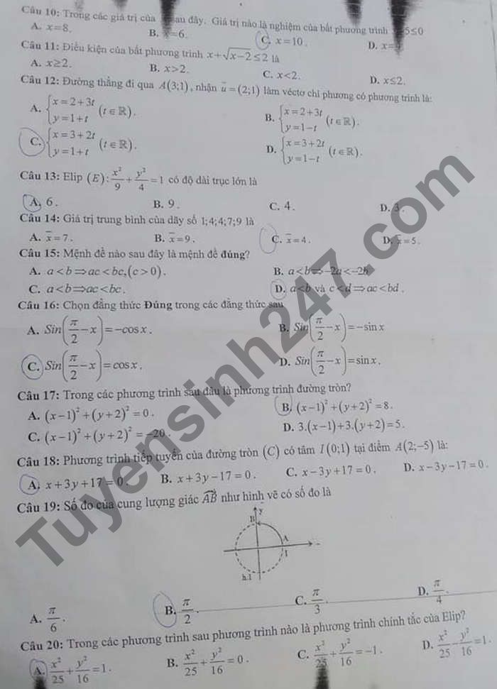 De thi ki 2 lop 10 mon Toan 2021 - THCS Thach An