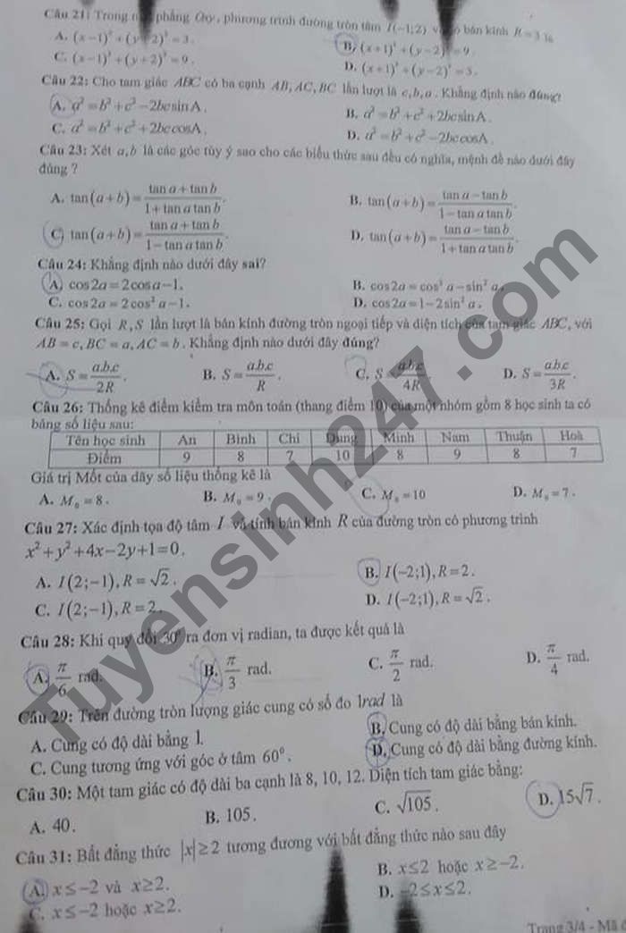 De thi ki 2 lop 10 mon Toan 2021 - THCS Thach An