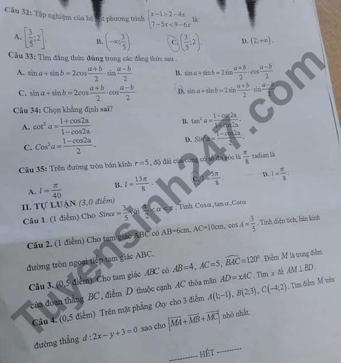 De thi ki 2 lop 10 mon Toan 2021 - THCS Thach An
