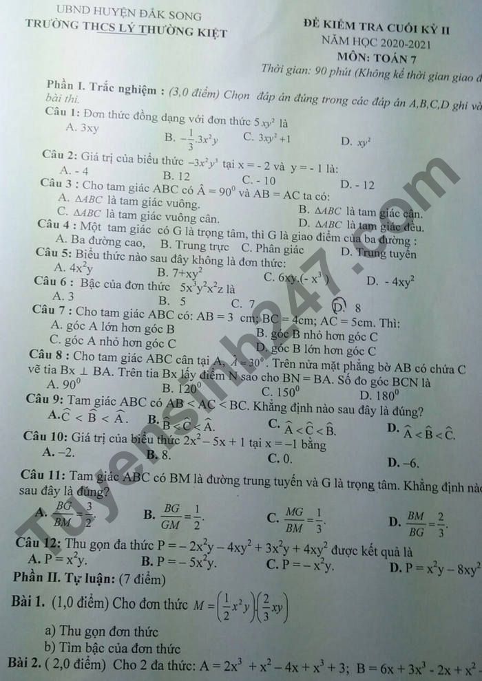 De thi cuoi ki 2 mon Toan lop 7 - THCS Ly Thuong Kiet 2021