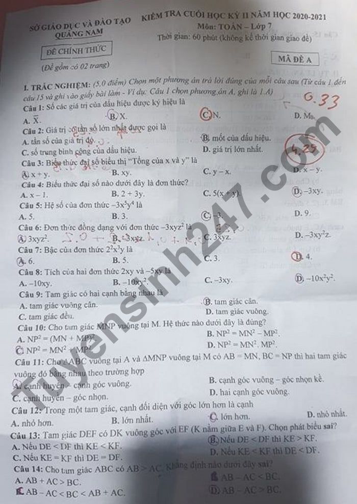 De thi hoc ki 2 nam 2021 tinh Quang Nam lop 7 mon Toan
