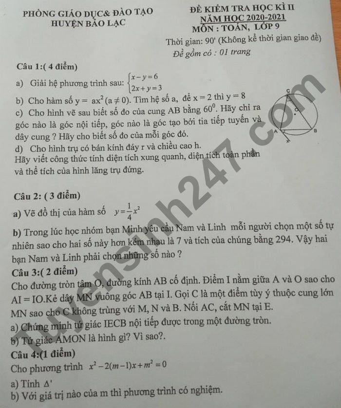 De thi hoc ki 2 nam 2021 huyen Bao Lac lop 9 mon Toan