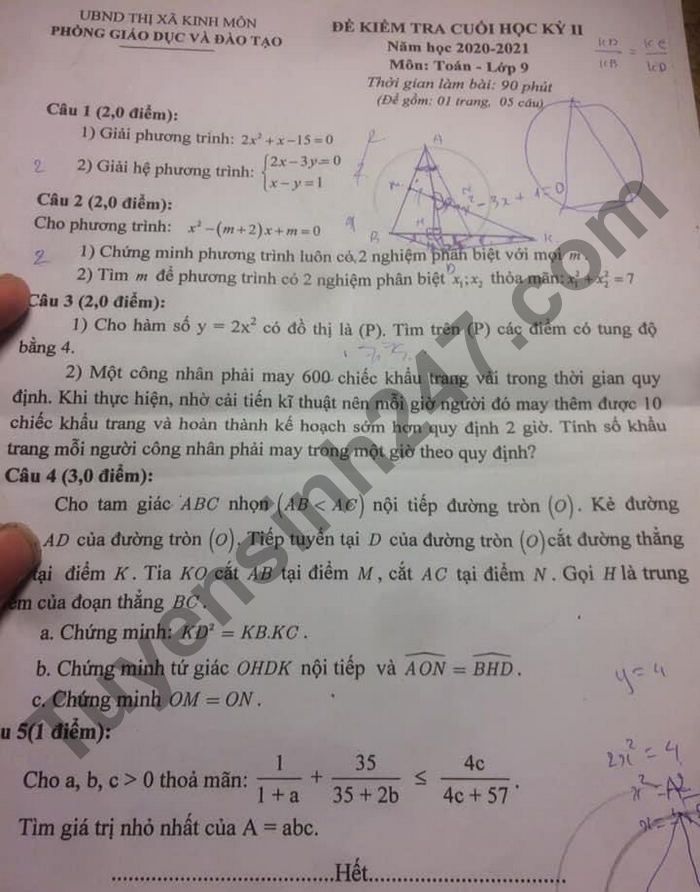 De thi hoc ki 2 lop 9 mon Toan 2021 - TX Kinh Mon