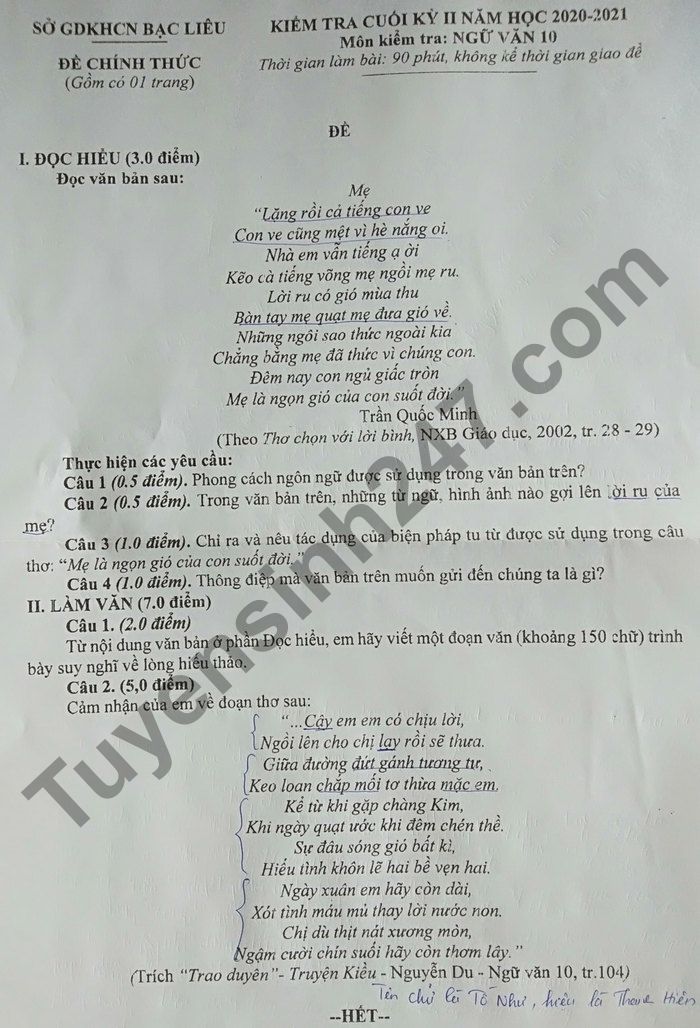De thi hoc ki 2 lop 10 mon Van - Tinh Bac Lieu 2021