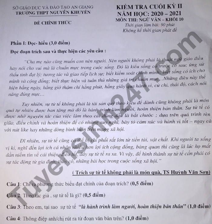 De thi ki 2 nam 2021 THPT Nguyen Khuyen lop 10 mon Van