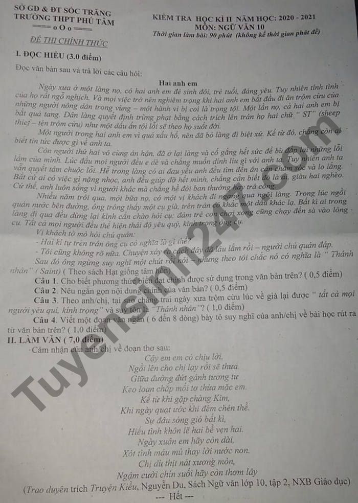 De thi hoc ki 2 mon Van lop 10 THPT Phu Tam 2021