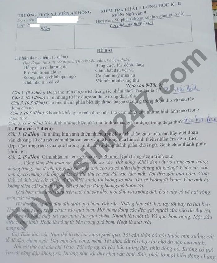 De thi hoc ki 2 mon Van lop 9 - THCS xa Vien An Dong 2021