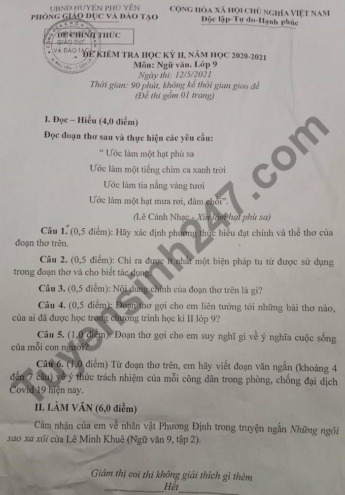 De thi hoc ki 2 lop 9 mon Van 2021 Huyen Phu Yen