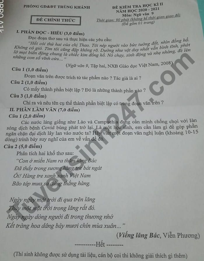 De thi hoc ki 2 lop 9 mon Van 2021 - Phong GD Trung Khanh