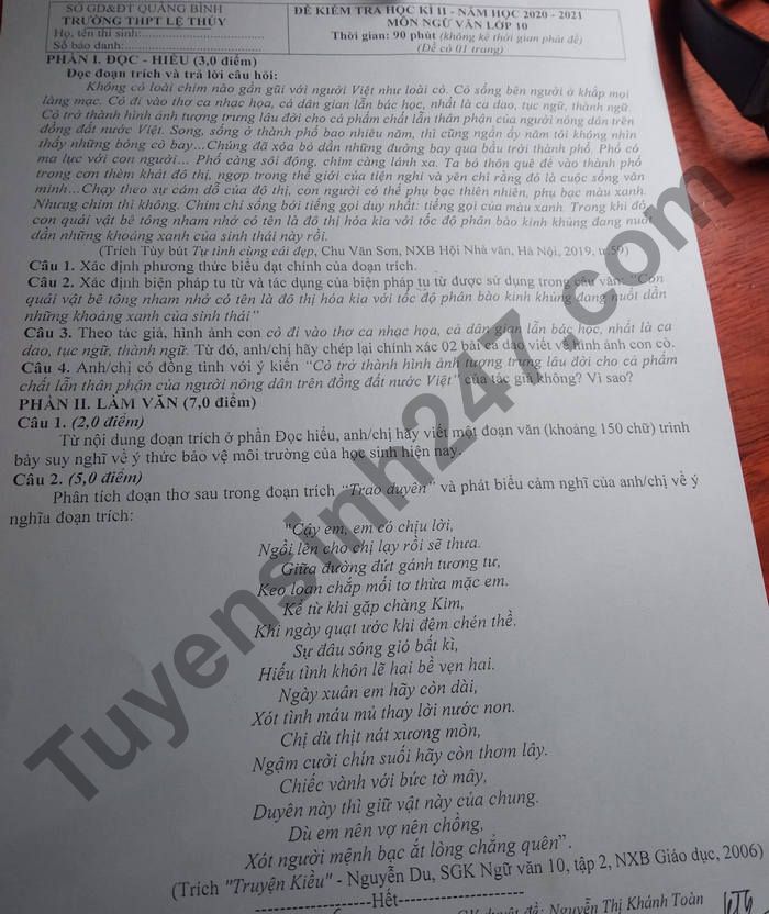 De thi hoc ki 2 lop 10 mon Van 2021 - THPT Le Thuy