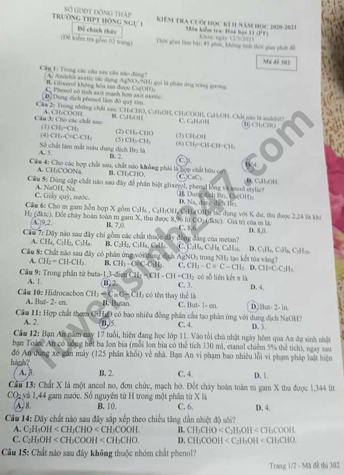 De thi hoc ki 2 nam 2021 mon Hoa lop 11 THPT Hong Ngu 1