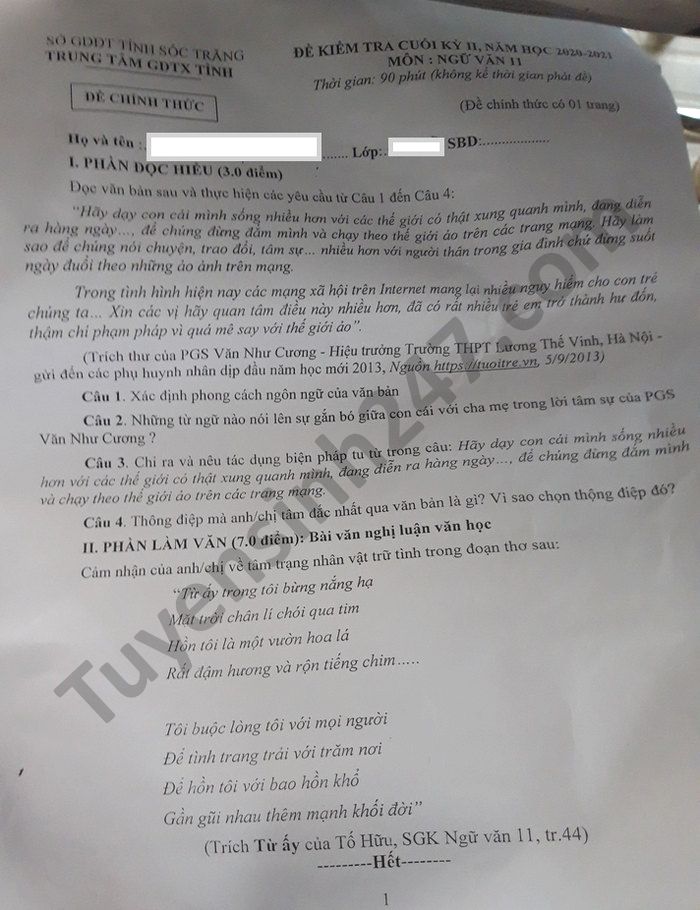 De thi hoc ki 2 nam 2021 - Van lop 11 Trung tam GDTX tinh Soc Trang