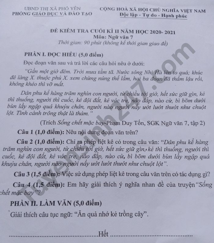 De thi hoc ki 2 mon Van lop 7 nam 2021 Phong GD Pho Yen
