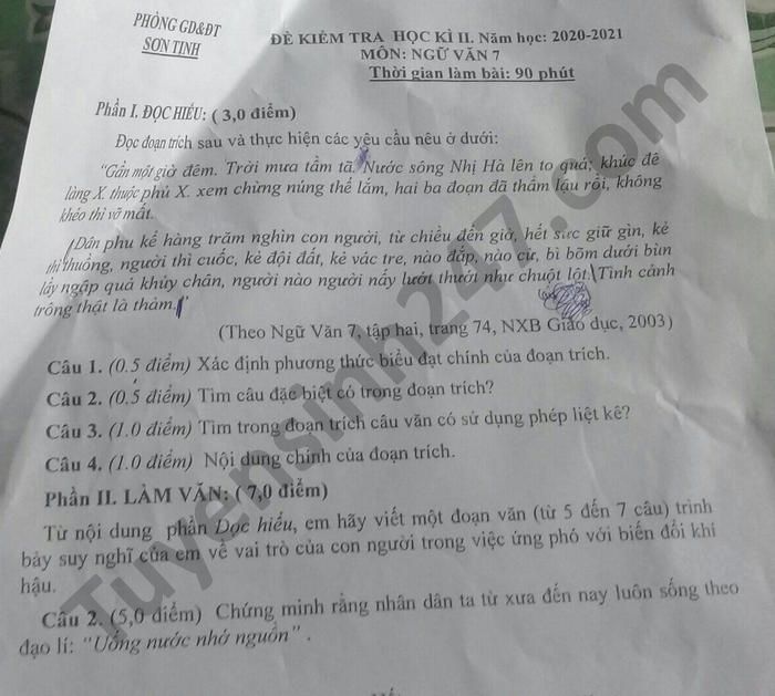De thi hoc ki 2 mon Van lop 7 Phong GD Son Tinh nam 2021