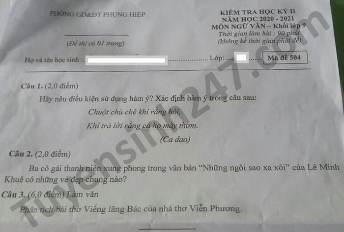 De thi hoc ki 2 Phong GD Phung Hiep mon Van lop 9 nam 2021