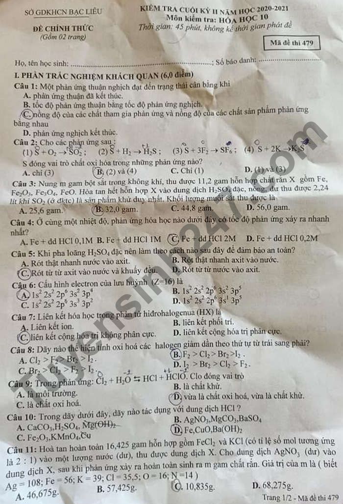 De thi hoc ki 2 mon Hoa lop 10 - tinh Bac Lieu 2021