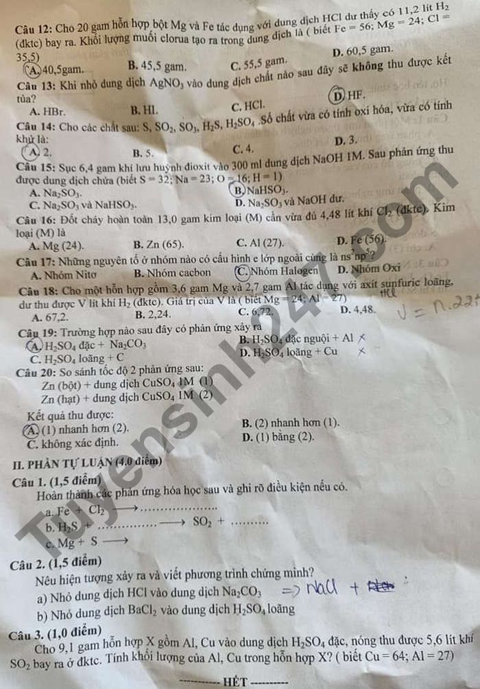 De thi hoc ki 2 mon Hoa lop 10 - tinh Bac Lieu 2021