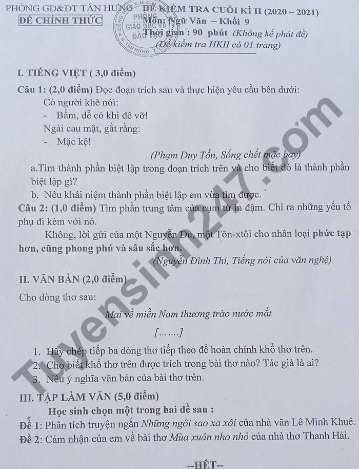 De thi hoc ki 2 lop 9 mon Van 2021 - Phong GD Tan Hung