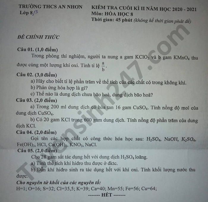 De thi hoc ki 2 mon Hoa lop 8 THCS An Nhon nam 2021