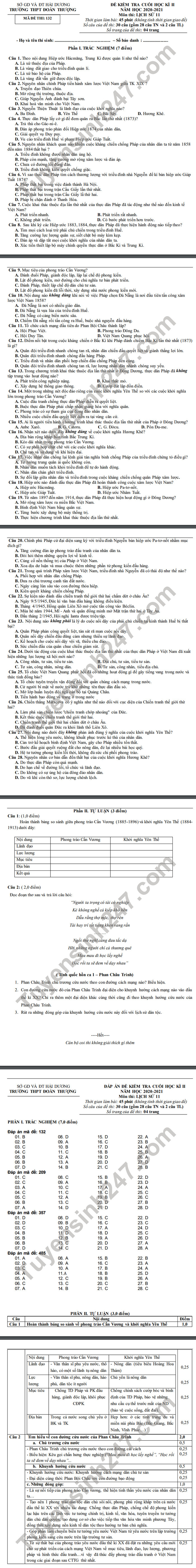De thi hoc ki 2 mon Su lop 11 nam 2021 THPT Doan Thuong - co dap an
