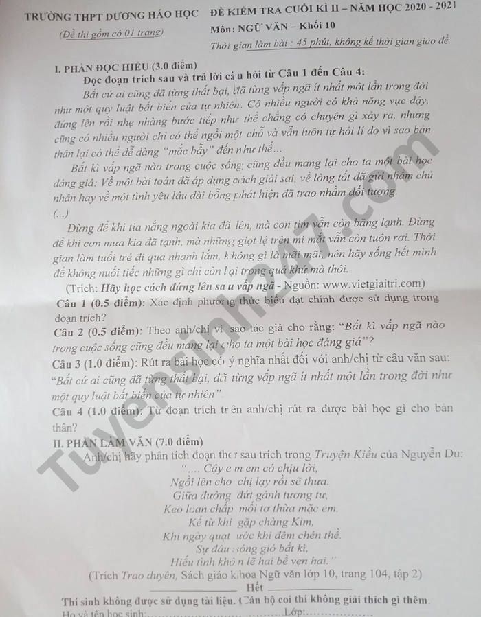 De thi hoc ki 2 THPT Duong Hao Hoc nam 2021 mon Van lop 10