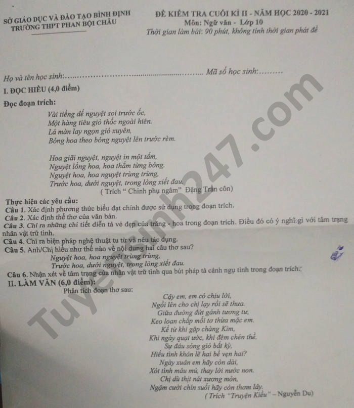 De thi hoc ki 2 THPT Phan Boi Chau nam 2021 mon Van lop 10