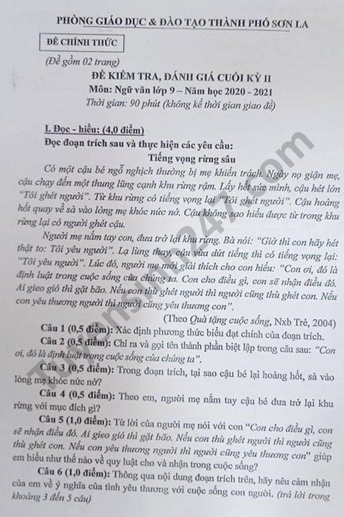 De thi hoc ki 2 mon Van lop 9 Phong GD TP Son La nam 2021