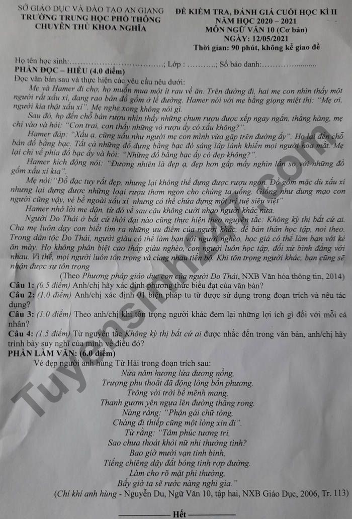 De thi ki 2 lop 10 mon Van 2021 - THPT Chuyen Thu Khoa Nghia