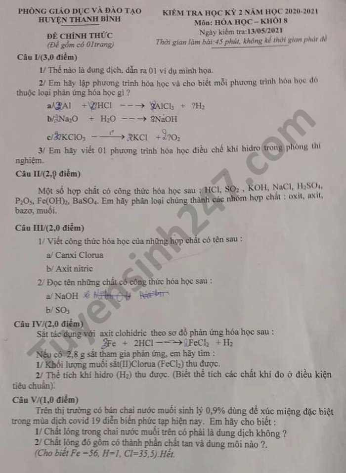 De thi hoc ki 2 mon Hoa lop 8 huyen Thanh Binh nam 2021