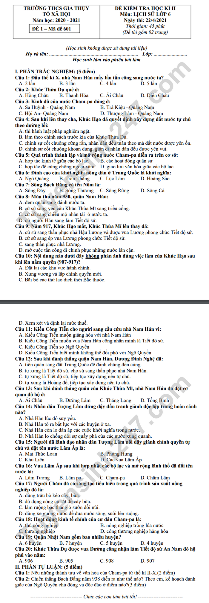 De thi hoc ki 2 nam 2021 mon Su lop 6 THCS Gia Thuy