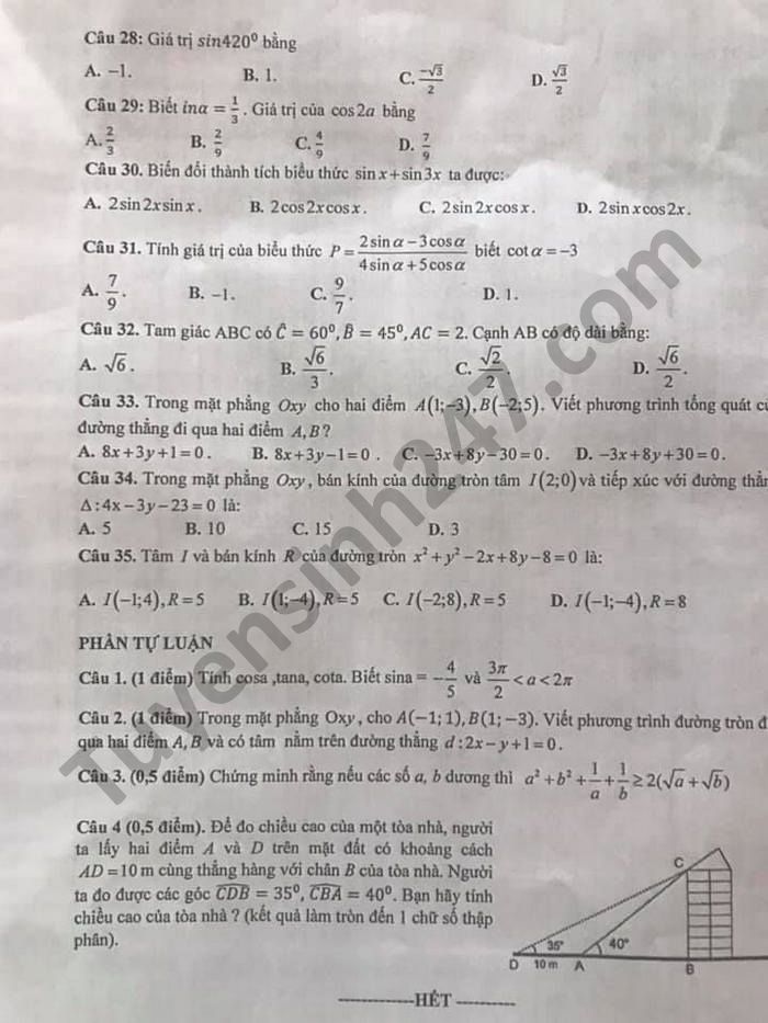 De thi hoc ki 2 nam 2021 THPT Thong Hue mon Toan lop 10