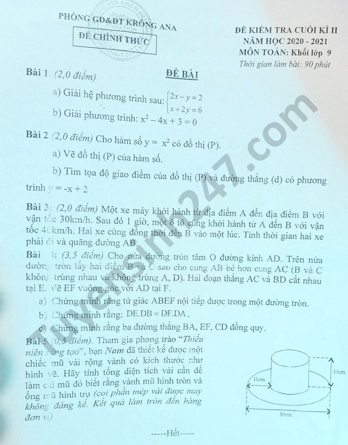 De thi hoc ki 2 Toan lop 9 Phong GD Krong Ana nam 2021 - co dap an