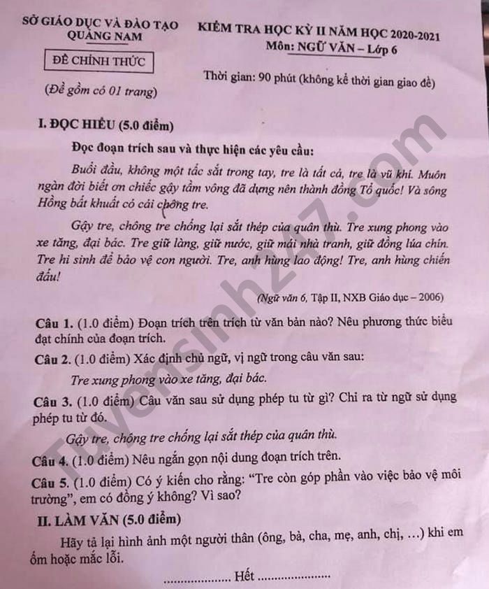 De thi hoc ki 2 mon Van lop 6 So GD Quang Nam nam 2021