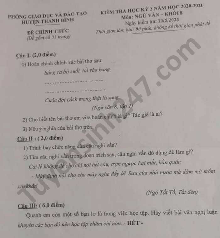 De thi hoc ki 2 huyen Thanh Binh nam 2021 mon Van lop 8