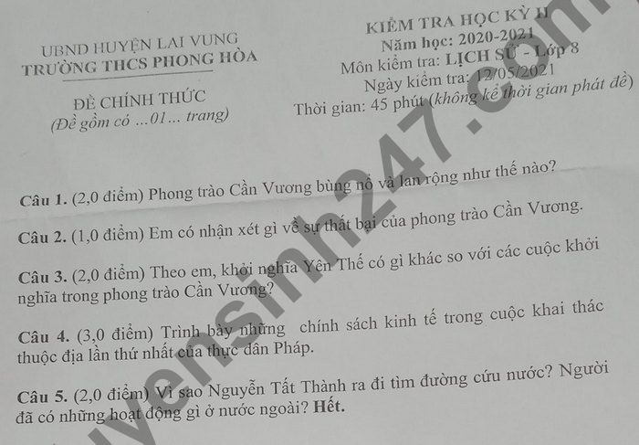 De thi hoc ki 2 mon Su lop 8 - THCS Phong Hoa 2021