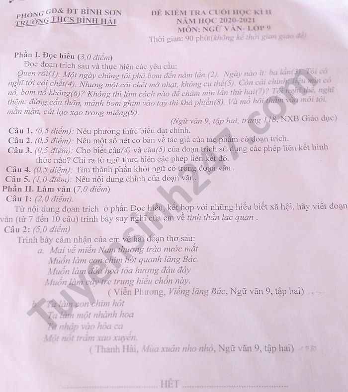 De thi hoc ki 2 mon Van lop 9 THCS Binh Hai nam 2021