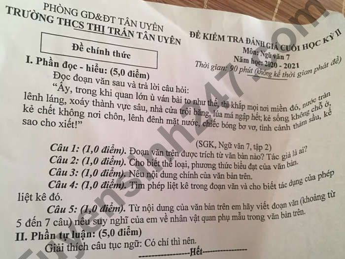 De thi hoc ki 2 mon Van lop 7 THCS Thi tran Tan Uyen 2021