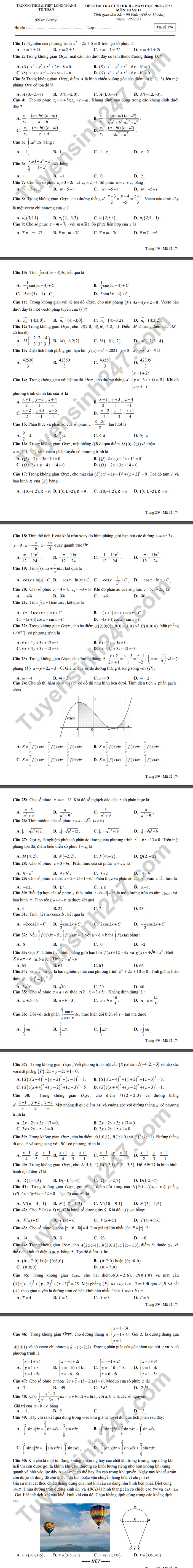 De thi hoc ki 2 THCS-THPT Long Thanh mon Toan lop 12 nam 2021