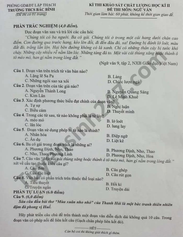 De thi hoc ki 2 mon Van lop 9 THCS Bac Binh nam 2021