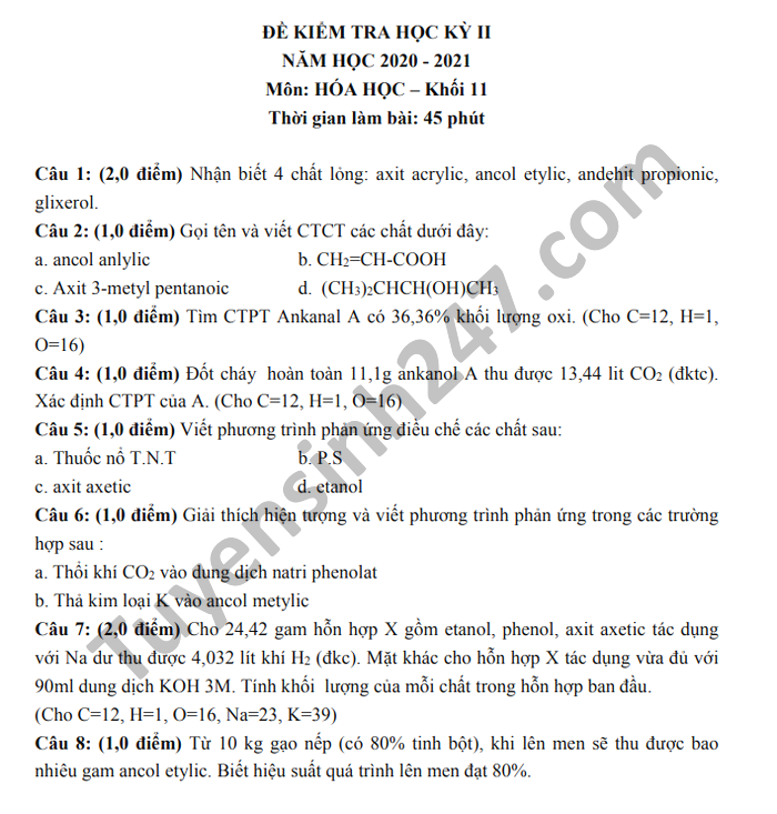 De thi hoc ki 2 nam 2021 THPT Luong Van Can mon Hoa lop 11