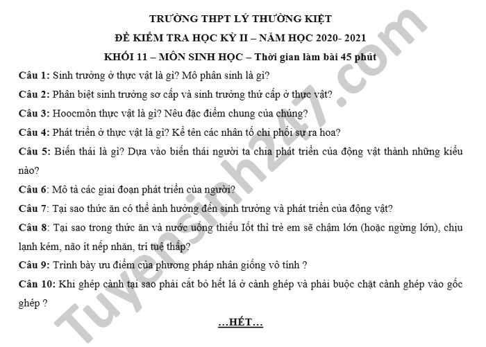 De thi hoc ki 2 nam 2021 mon Sinh lop 11 THPT Ly Thuong Kiet