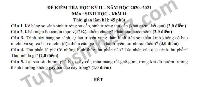 De thi hoc ki 2 nam 2021 mon Sinh lop 11 THPT Luong Van Can