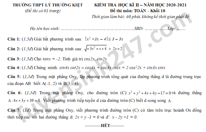De thi hoc ki 2 nam 2021 mon Toan lop 10 THPT Ly Thuong Kiet